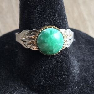 VTG Estate Faux Green Turquoise Marble Silver Brass Tone Floral Costume Ring